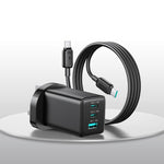 Carregador JOYROOM JR-TG10 65W GaN com dupla Type-C, 3 portas USB e cabo Type-C para Type-C, ficha EU, ficha UK
