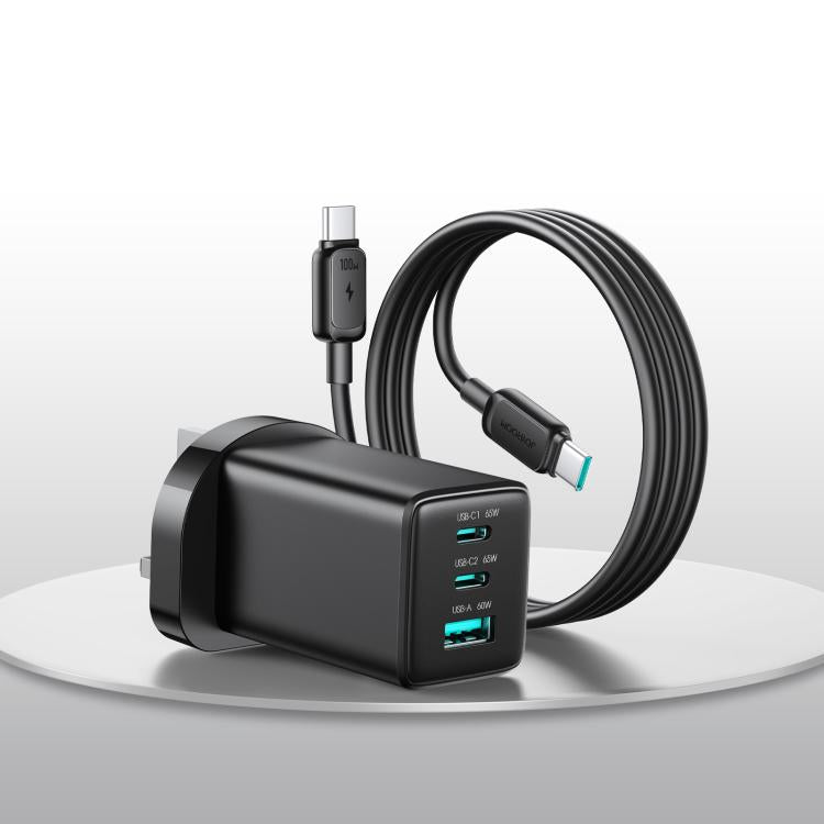 Carregador JOYROOM JR-TG10 65W GaN com dupla Type-C, 3 portas USB e cabo Type-C para Type-C, ficha EU, ficha UK