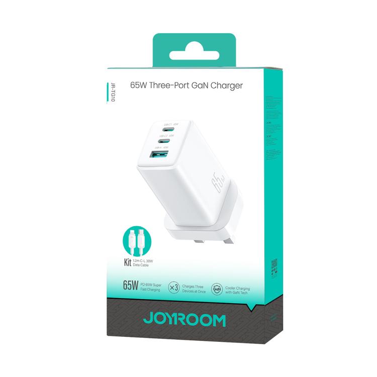 JOYROOM JR-TG10 Carregador GaN de 65W com Dupla Porta Type-C e 3 Portas USB, Cabo Type-C para 8 Pinos, Ficha UK