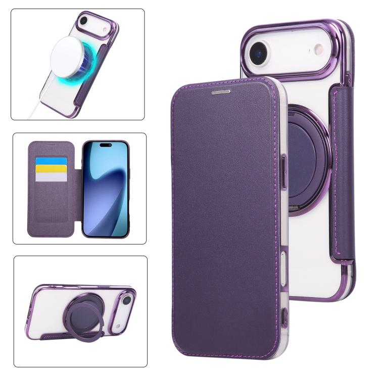 Capa para Telemóvel em Pele Vegana com Revestimento Magnético e Suporte Rotativo Ultra-fino, Para iPhone 17e / 16e, Para iPhone 17 Pro Max, Para iPhone 17 Pro, Para iPhone 17, Para iPhone Air, Para iPhone 16 Pro Max