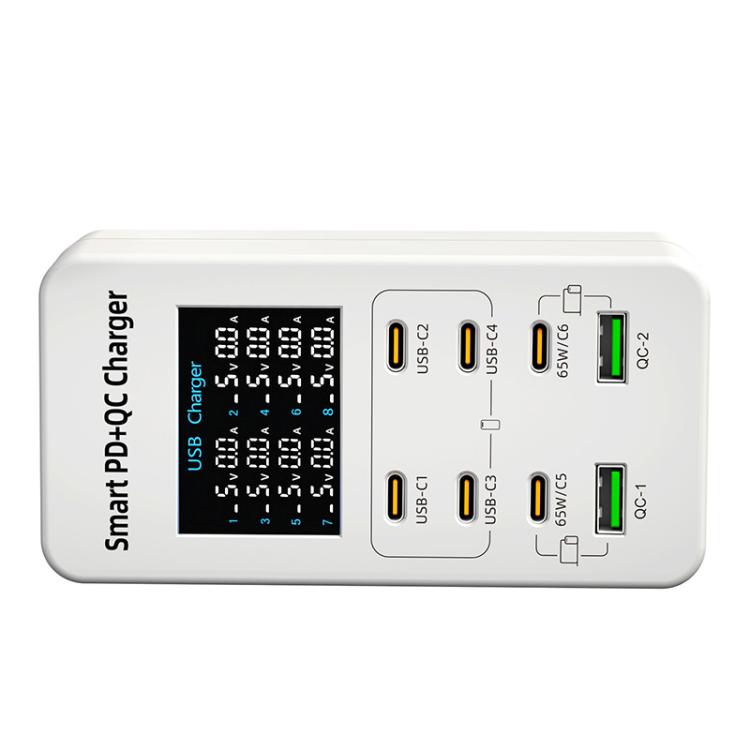 A8C Carregador Multi-Portas de Secretária com 2 USB-A e 6 USB-C / Type-C, Ecrã Digital, Ficha US, EU, UK, AU
