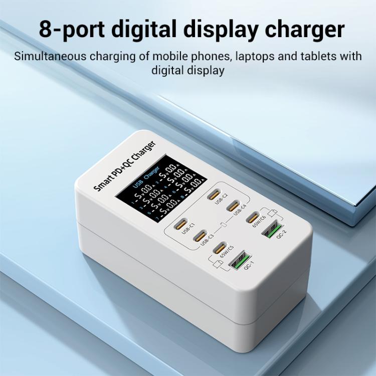 A8C Carregador Multi-Portas de Secretária com 2 USB-A e 6 USB-C / Type-C, Ecrã Digital, Ficha US, EU, UK, AU