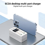 A8C Carregador Multi-Portas de Secretária com 2 USB-A e 6 USB-C / Type-C, Ecrã Digital, Ficha US, EU, UK, AU