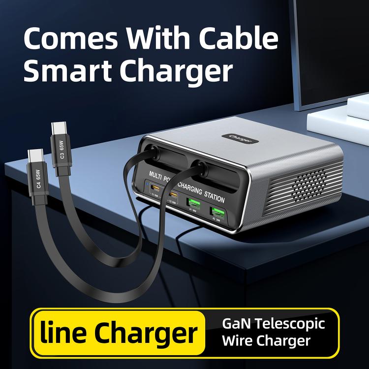 Estação de Carregamento de Mesa Multi Portas 6 em 1 WXL-60C com Cabos Telescópicos Duplos Integrados, WXL-60C