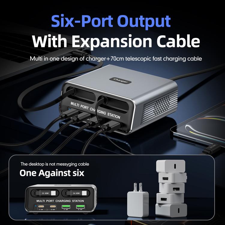 Estação de Carregamento de Mesa Multi Portas 6 em 1 WXL-60C com Cabos Telescópicos Duplos Integrados, WXL-60C