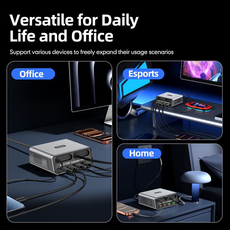 Estação de Carregamento de Mesa Multi Portas 6 em 1 WXL-60C com Cabos Telescópicos Duplos Integrados, WXL-60C