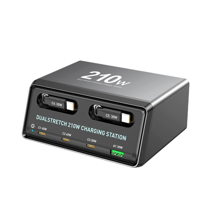 Estação de Carregamento de Mesa Multi Portas 6 em 1 WXL-60E 210W com Cabos Telescópicos Duplos Integrados, WXL-60E