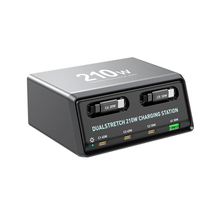 Estação de Carregamento de Mesa Multi Portas 6 em 1 WXL-60E 210W com Cabos Telescópicos Duplos Integrados, WXL-60E