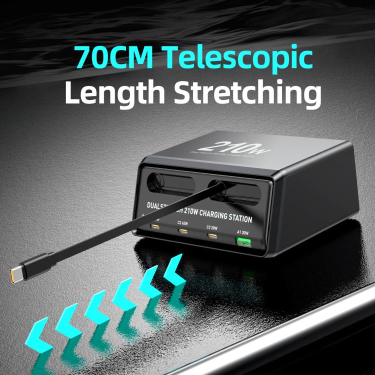 Estação de Carregamento de Mesa Multi Portas 6 em 1 WXL-60E 210W com Cabos Telescópicos Duplos Integrados, WXL-60E