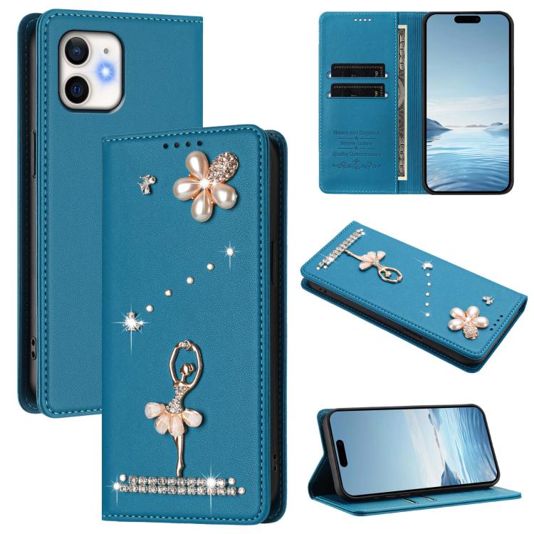 Ballet Girl Diamond Studded RFID Vegan Leather Phone Case, For iPhone 13 Pro, For iPhone 12 / 12 Pro, For iPhone 12 Pro Max, For iPhone 11 Pro Max, For iPhone 11, For iPhone 11 Pro