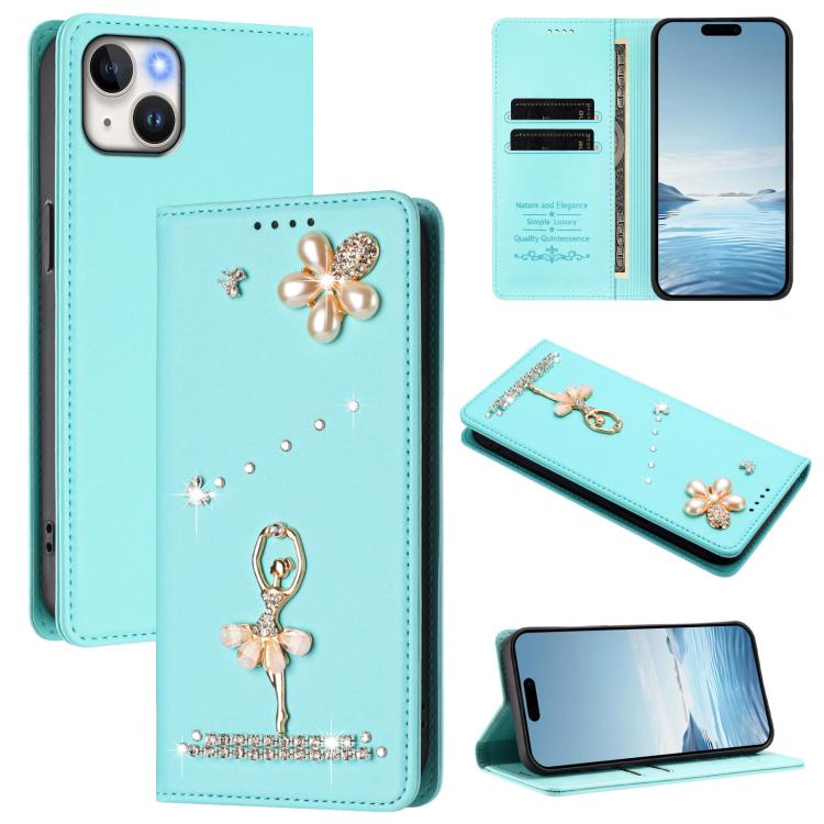 Capa de Telemóvel em Pele Vegana com Diamantes e RFID com Estampa de Bailarina, Para iPhone 16 Pro, Para iPhone 16 Plus, Para iPhone 16, Para iPhone 15 Pro Max, Para iPhone 15 Pro, Para iPhone 15 Plus