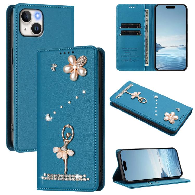 Capa de Telemóvel em Pele Vegana com Diamantes e RFID com Estampa de Bailarina, Para iPhone 16 Pro, Para iPhone 16 Plus, Para iPhone 16, Para iPhone 15 Pro Max, Para iPhone 15 Pro, Para iPhone 15 Plus
