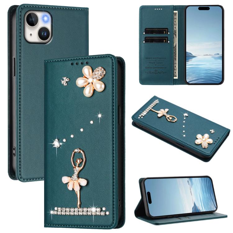 Capa de Telemóvel em Pele Vegana com Diamantes e RFID com Estampa de Bailarina, Para iPhone 16 Pro, Para iPhone 16 Plus, Para iPhone 16, Para iPhone 15 Pro Max, Para iPhone 15 Pro, Para iPhone 15 Plus