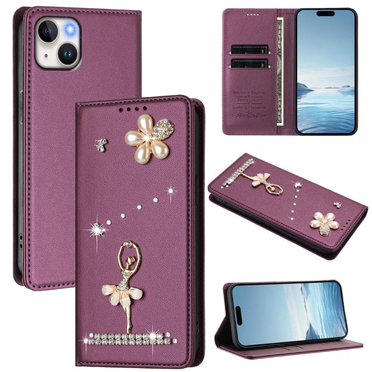 Capa de Telemóvel em Pele Vegana com Diamantes e RFID com Estampa de Bailarina, Para iPhone 16 Pro, Para iPhone 16 Plus, Para iPhone 16, Para iPhone 15 Pro Max, Para iPhone 15 Pro, Para iPhone 15 Plus
