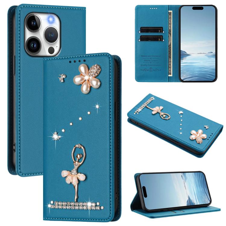 Capa de Telemóvel em Pele Vegana com Diamantes e RFID com Estampa de Bailarina, Para iPhone 16 Pro, Para iPhone 16 Plus, Para iPhone 16, Para iPhone 15 Pro Max, Para iPhone 15 Pro, Para iPhone 15 Plus