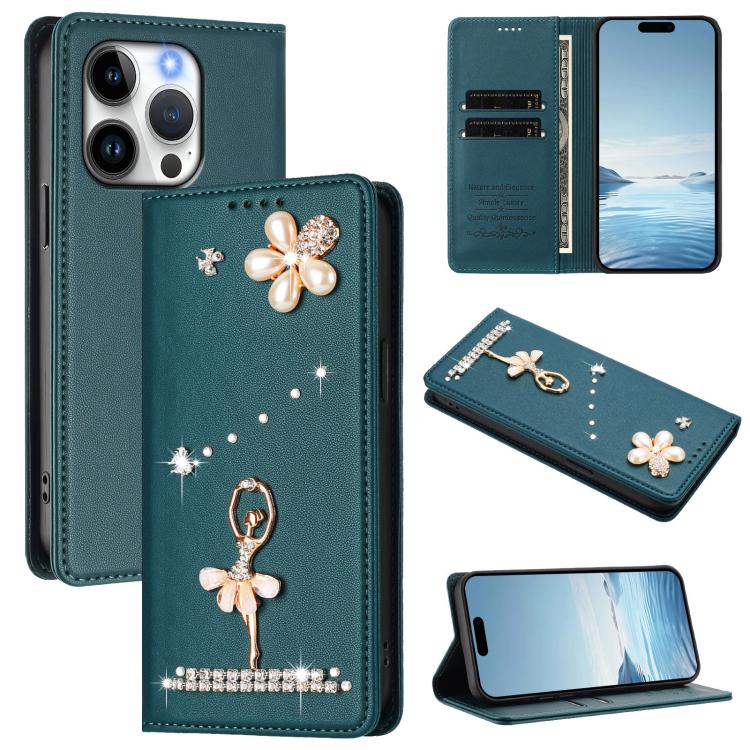Capa de Telemóvel em Pele Vegana com Diamantes e RFID com Estampa de Bailarina, Para iPhone 16 Pro, Para iPhone 16 Plus, Para iPhone 16, Para iPhone 15 Pro Max, Para iPhone 15 Pro, Para iPhone 15 Plus