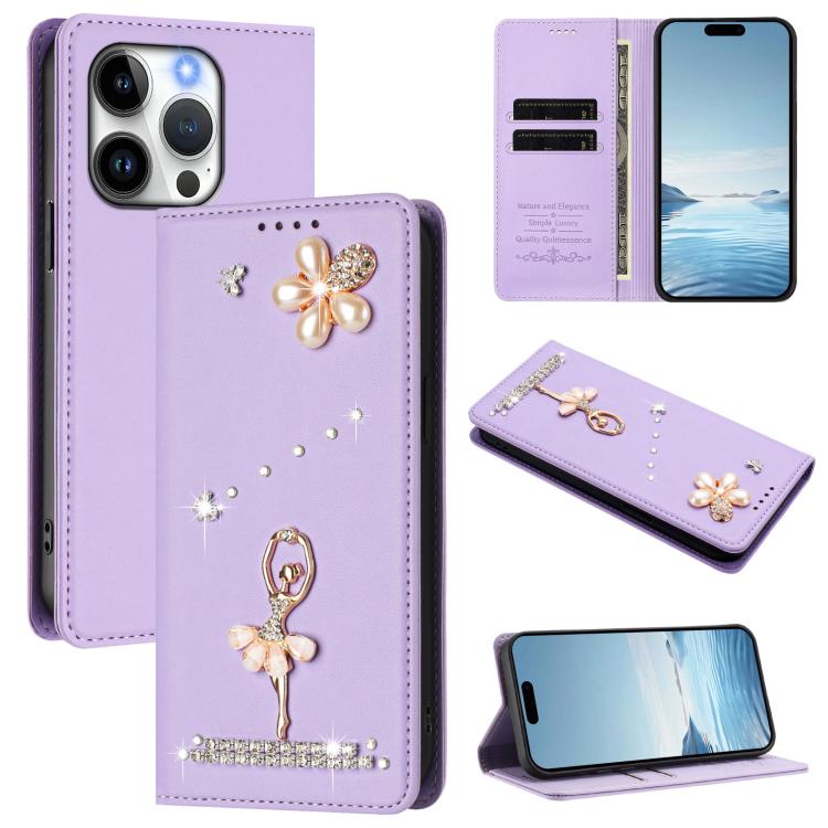 Capa de Telemóvel em Pele Vegana com Diamantes e RFID com Estampa de Bailarina, Para iPhone 16 Pro, Para iPhone 16 Plus, Para iPhone 16, Para iPhone 15 Pro Max, Para iPhone 15 Pro, Para iPhone 15 Plus