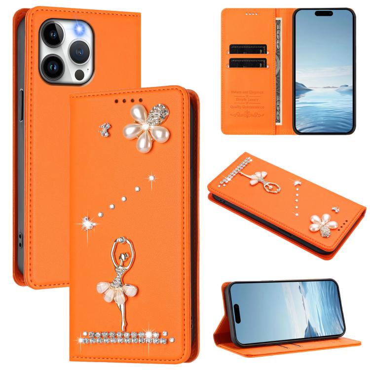 Capa de Telemóvel em Pele Vegana com Diamantes e RFID com Estampa de Bailarina, Para iPhone 16 Pro, Para iPhone 16 Plus, Para iPhone 16, Para iPhone 15 Pro Max, Para iPhone 15 Pro, Para iPhone 15 Plus