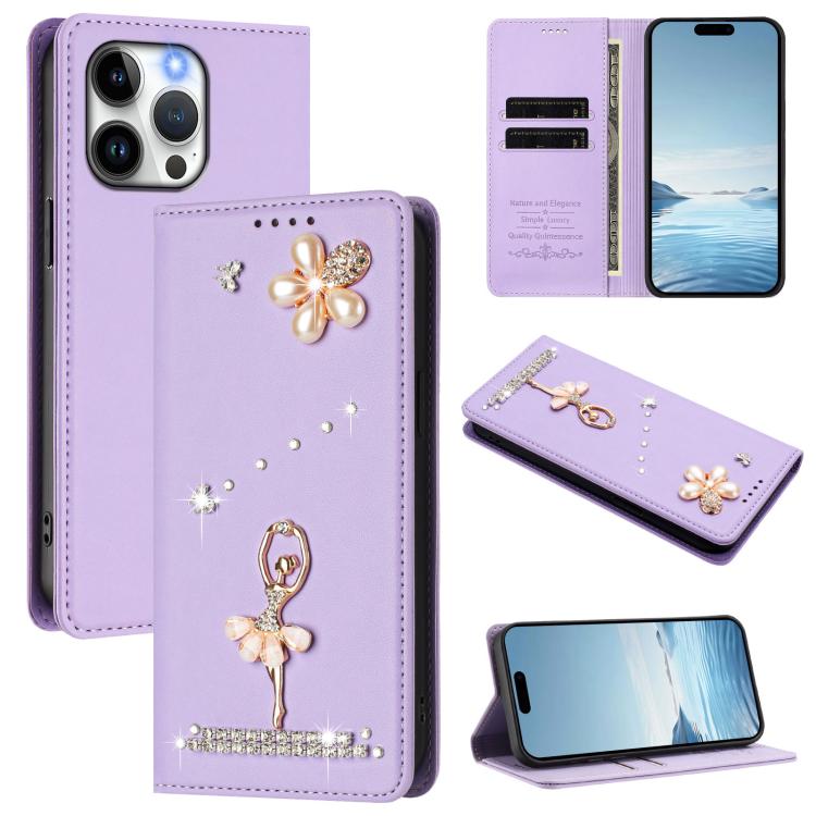 Capa de Telemóvel em Pele Vegana com Diamantes e RFID com Estampa de Bailarina, Para iPhone 16 Pro, Para iPhone 16 Plus, Para iPhone 16, Para iPhone 15 Pro Max, Para iPhone 15 Pro, Para iPhone 15 Plus