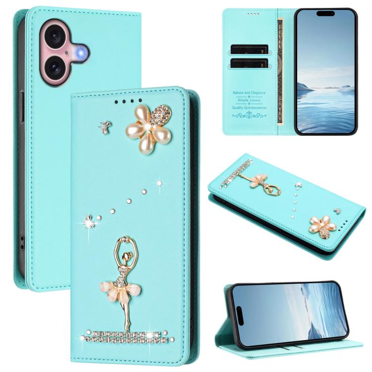 Capa de Telemóvel em Pele Vegana com Diamantes e RFID com Estampa de Bailarina, Para iPhone 16 Pro, Para iPhone 16 Plus, Para iPhone 16, Para iPhone 15 Pro Max, Para iPhone 15 Pro, Para iPhone 15 Plus