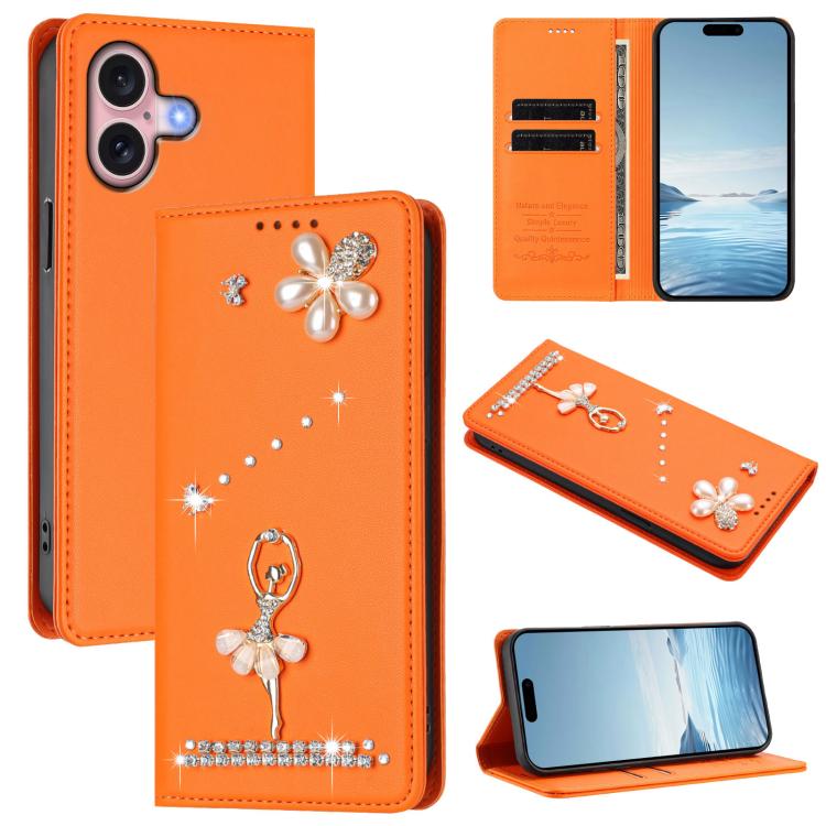 Capa de Telemóvel em Pele Vegana com Diamantes e RFID com Estampa de Bailarina, Para iPhone 16 Pro, Para iPhone 16 Plus, Para iPhone 16, Para iPhone 15 Pro Max, Para iPhone 15 Pro, Para iPhone 15 Plus