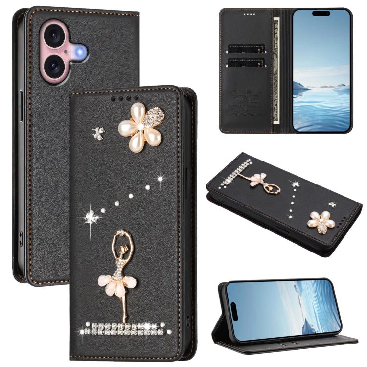 Capa de Telemóvel em Pele Vegana com Diamantes e RFID com Estampa de Bailarina, Para iPhone 16 Pro, Para iPhone 16 Plus, Para iPhone 16, Para iPhone 15 Pro Max, Para iPhone 15 Pro, Para iPhone 15 Plus