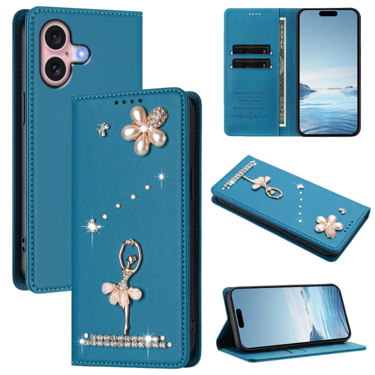 Capa de Telemóvel em Pele Vegana com Diamantes e RFID com Estampa de Bailarina, Para iPhone 16 Pro, Para iPhone 16 Plus, Para iPhone 16, Para iPhone 15 Pro Max, Para iPhone 15 Pro, Para iPhone 15 Plus