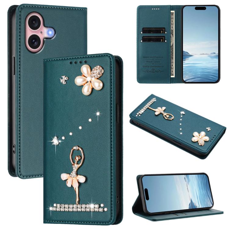 Capa de Telemóvel em Pele Vegana com Diamantes e RFID com Estampa de Bailarina, Para iPhone 16 Pro, Para iPhone 16 Plus, Para iPhone 16, Para iPhone 15 Pro Max, Para iPhone 15 Pro, Para iPhone 15 Plus