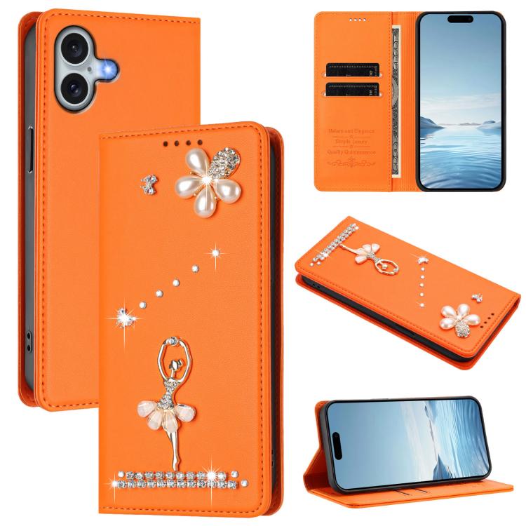 Capa de Telemóvel em Pele Vegana com Diamantes e RFID com Estampa de Bailarina, Para iPhone 16 Pro, Para iPhone 16 Plus, Para iPhone 16, Para iPhone 15 Pro Max, Para iPhone 15 Pro, Para iPhone 15 Plus