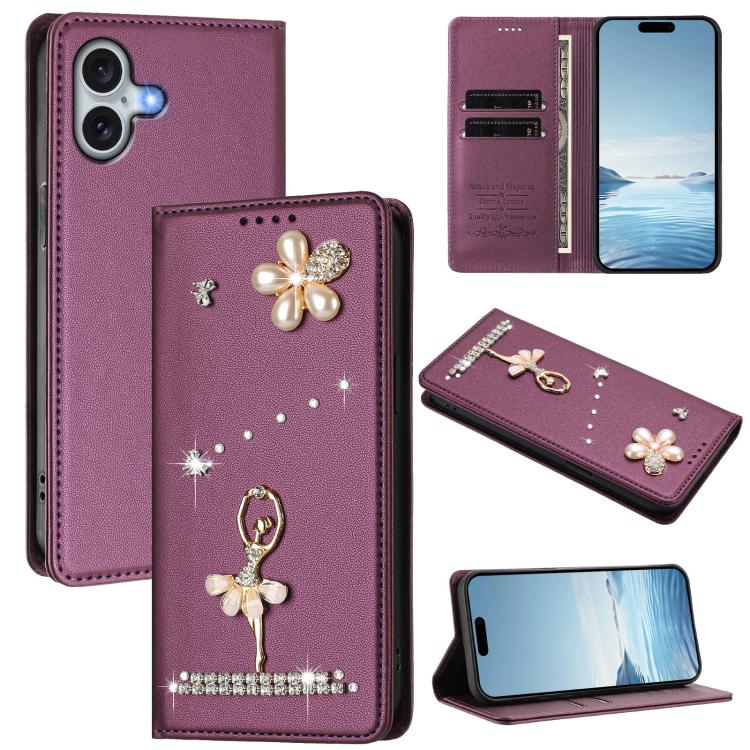Capa de Telemóvel em Pele Vegana com Diamantes e RFID com Estampa de Bailarina, Para iPhone 16 Pro, Para iPhone 16 Plus, Para iPhone 16, Para iPhone 15 Pro Max, Para iPhone 15 Pro, Para iPhone 15 Plus