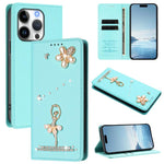 Capa de Telemóvel em Pele Vegana com Diamantes e RFID com Estampa de Bailarina, Para iPhone 16 Pro, Para iPhone 16 Plus, Para iPhone 16, Para iPhone 15 Pro Max, Para iPhone 15 Pro, Para iPhone 15 Plus