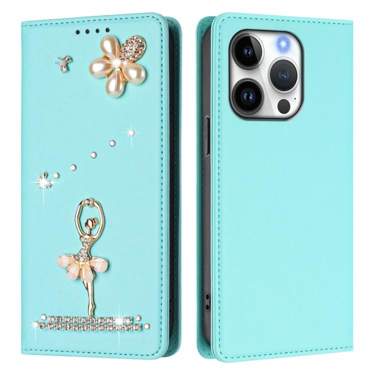 Capa de Telemóvel em Pele Vegana com Diamantes e RFID com Estampa de Bailarina, Para iPhone 16 Pro, Para iPhone 16 Plus, Para iPhone 16, Para iPhone 15 Pro Max, Para iPhone 15 Pro, Para iPhone 15 Plus