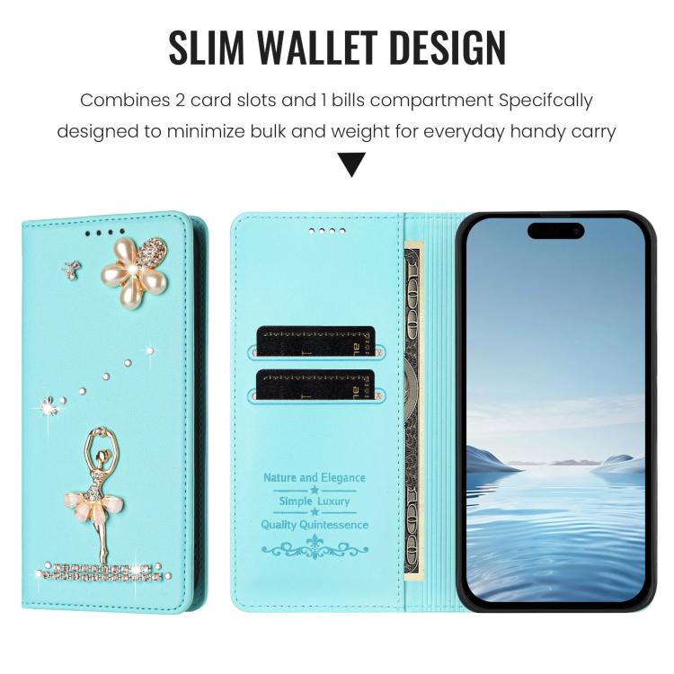 Capa de Telemóvel em Pele Vegana com Diamantes e RFID com Estampa de Bailarina, Para iPhone 16 Pro, Para iPhone 16 Plus, Para iPhone 16, Para iPhone 15 Pro Max, Para iPhone 15 Pro, Para iPhone 15 Plus
