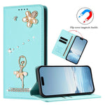 Capa de Telemóvel em Pele Vegana com Diamantes e RFID com Estampa de Bailarina, Para iPhone 16 Pro, Para iPhone 16 Plus, Para iPhone 16, Para iPhone 15 Pro Max, Para iPhone 15 Pro, Para iPhone 15 Plus