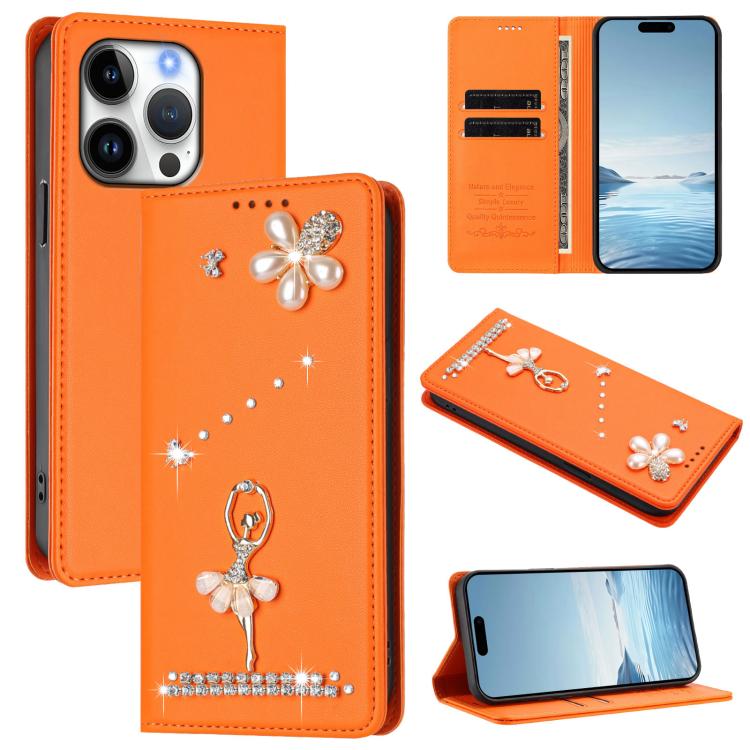 Capa de Telemóvel em Pele Vegana com Diamantes e RFID com Estampa de Bailarina, Para iPhone 16 Pro, Para iPhone 16 Plus, Para iPhone 16, Para iPhone 15 Pro Max, Para iPhone 15 Pro, Para iPhone 15 Plus