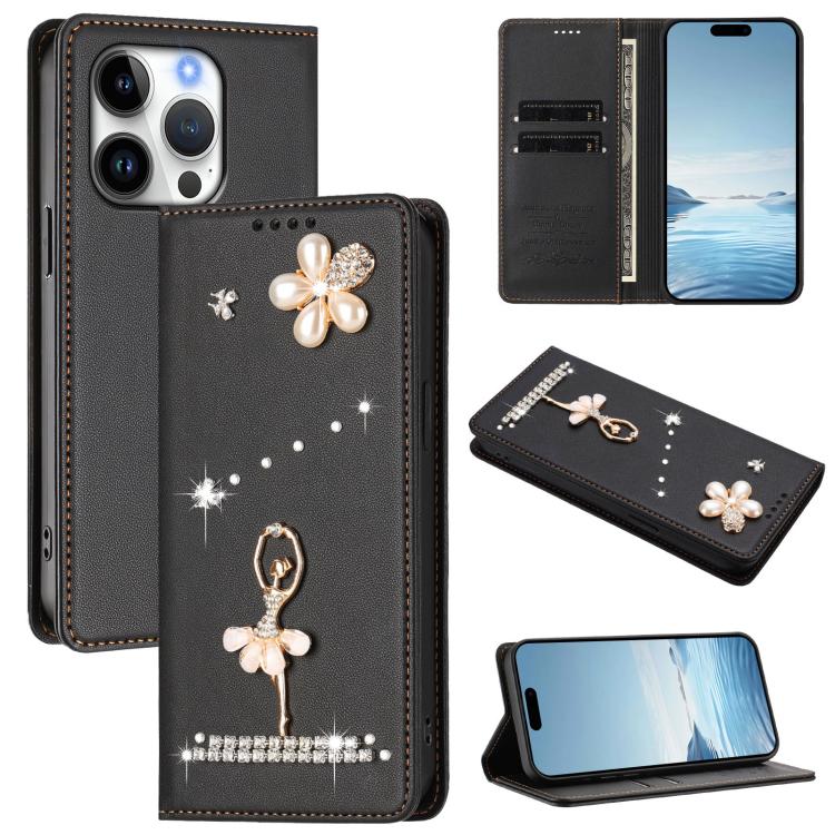 Capa de Telemóvel em Pele Vegana com Diamantes e RFID com Estampa de Bailarina, Para iPhone 16 Pro, Para iPhone 16 Plus, Para iPhone 16, Para iPhone 15 Pro Max, Para iPhone 15 Pro, Para iPhone 15 Plus