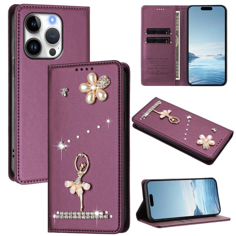 Capa de Telemóvel em Pele Vegana com Diamantes e RFID com Estampa de Bailarina, Para iPhone 16 Pro, Para iPhone 16 Plus, Para iPhone 16, Para iPhone 15 Pro Max, Para iPhone 15 Pro, Para iPhone 15 Plus