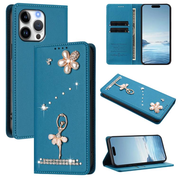 Capa de Telemóvel em Pele Vegana com Diamantes e RFID com Estampa de Bailarina, Para iPhone 17e / 16e, Para iPhone 17 Pro Max, Para iPhone 17 Pro, Para iPhone 17, Para iPhone Air, Para iPhone 16 Pro Max