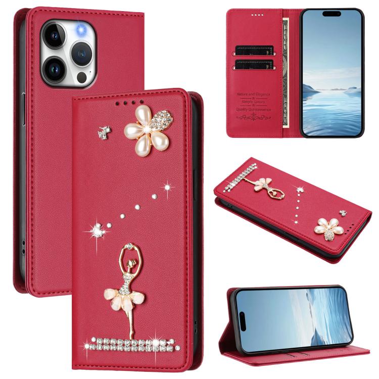 Capa de Telemóvel em Pele Vegana com Diamantes e RFID com Estampa de Bailarina, Para iPhone 17e / 16e, Para iPhone 17 Pro Max, Para iPhone 17 Pro, Para iPhone 17, Para iPhone Air, Para iPhone 16 Pro Max
