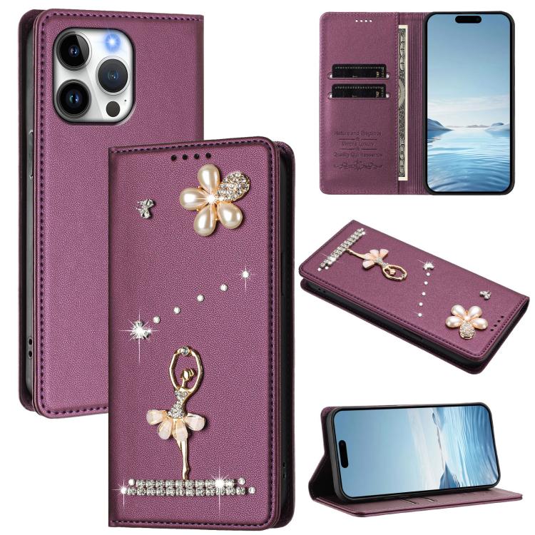 Capa de Telemóvel em Pele Vegana com Diamantes e RFID com Estampa de Bailarina, Para iPhone 17e / 16e, Para iPhone 17 Pro Max, Para iPhone 17 Pro, Para iPhone 17, Para iPhone Air, Para iPhone 16 Pro Max
