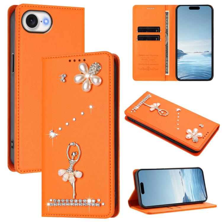 Capa de Telemóvel em Pele Vegana com Diamantes e RFID com Estampa de Bailarina, Para iPhone 17e / 16e, Para iPhone 17 Pro Max, Para iPhone 17 Pro, Para iPhone 17, Para iPhone Air, Para iPhone 16 Pro Max