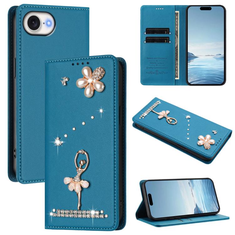 Capa de Telemóvel em Pele Vegana com Diamantes e RFID com Estampa de Bailarina, Para iPhone 17e / 16e, Para iPhone 17 Pro Max, Para iPhone 17 Pro, Para iPhone 17, Para iPhone Air, Para iPhone 16 Pro Max
