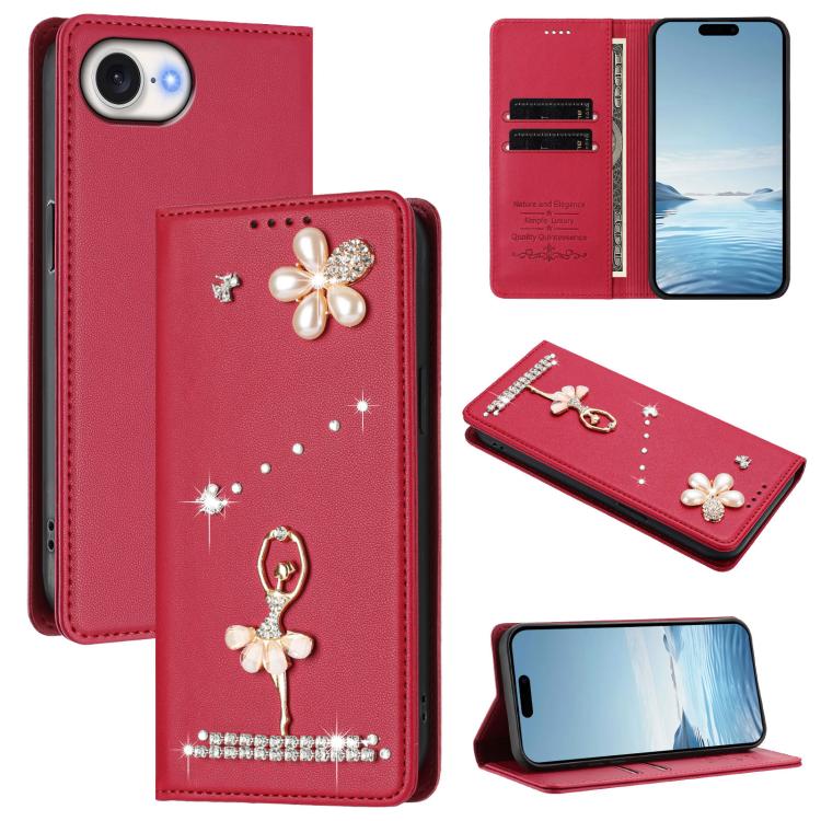 Capa de Telemóvel em Pele Vegana com Diamantes e RFID com Estampa de Bailarina, Para iPhone 17e / 16e, Para iPhone 17 Pro Max, Para iPhone 17 Pro, Para iPhone 17, Para iPhone Air, Para iPhone 16 Pro Max