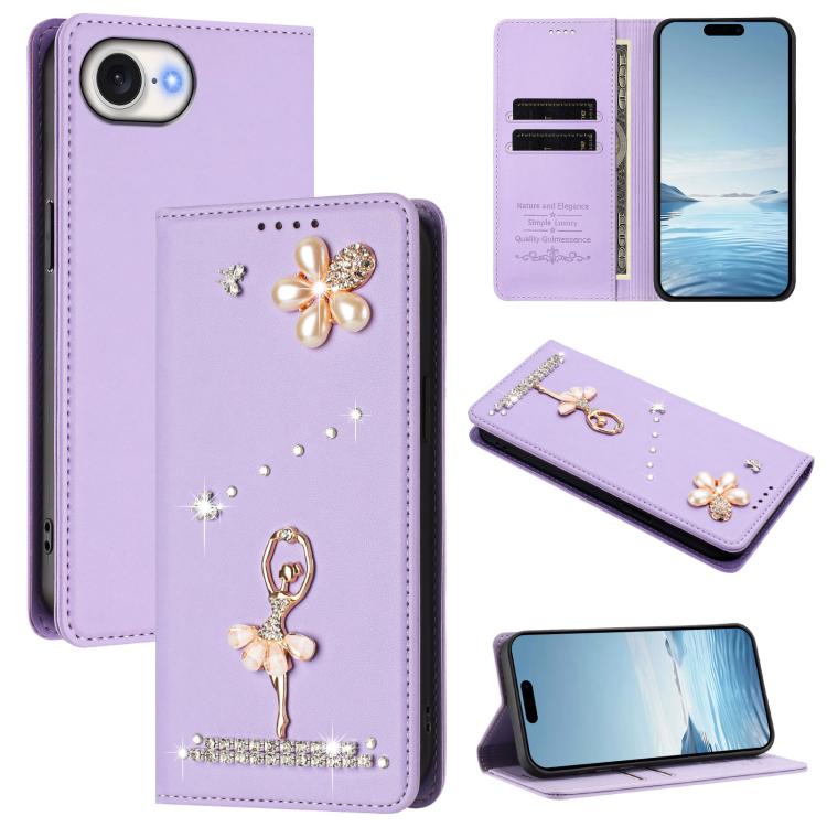 Capa de Telemóvel em Pele Vegana com Diamantes e RFID com Estampa de Bailarina, Para iPhone 17e / 16e, Para iPhone 17 Pro Max, Para iPhone 17 Pro, Para iPhone 17, Para iPhone Air, Para iPhone 16 Pro Max