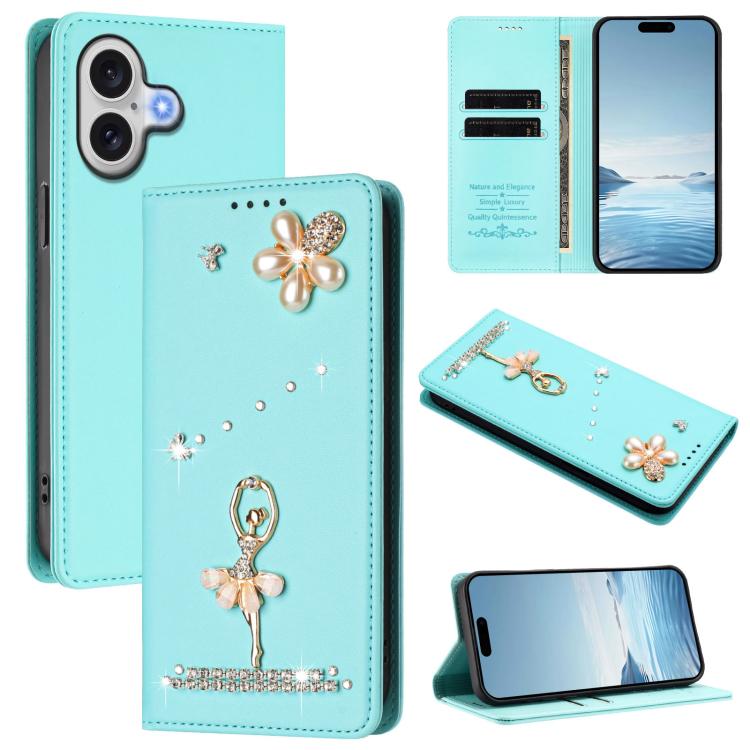 Capa de Telemóvel em Pele Vegana com Diamantes e RFID com Estampa de Bailarina, Para iPhone 17e / 16e, Para iPhone 17 Pro Max, Para iPhone 17 Pro, Para iPhone 17, Para iPhone Air, Para iPhone 16 Pro Max