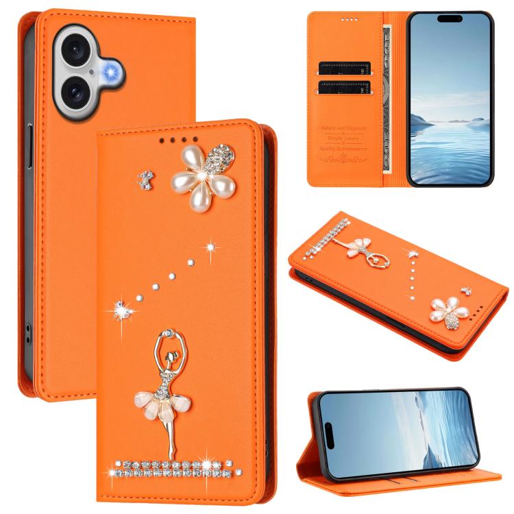 Capa de Telemóvel em Pele Vegana com Diamantes e RFID com Estampa de Bailarina, Para iPhone 17e / 16e, Para iPhone 17 Pro Max, Para iPhone 17 Pro, Para iPhone 17, Para iPhone Air, Para iPhone 16 Pro Max