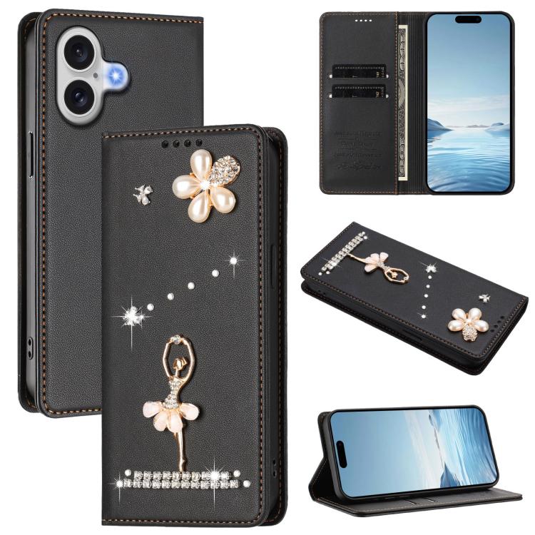 Capa de Telemóvel em Pele Vegana com Diamantes e RFID com Estampa de Bailarina, Para iPhone 17e / 16e, Para iPhone 17 Pro Max, Para iPhone 17 Pro, Para iPhone 17, Para iPhone Air, Para iPhone 16 Pro Max