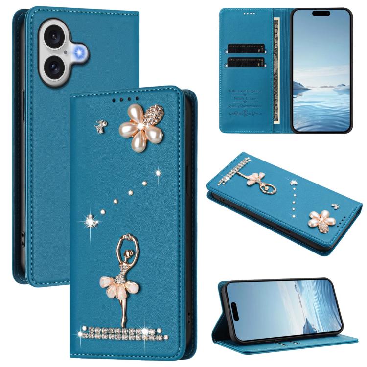 Capa de Telemóvel em Pele Vegana com Diamantes e RFID com Estampa de Bailarina, Para iPhone 17e / 16e, Para iPhone 17 Pro Max, Para iPhone 17 Pro, Para iPhone 17, Para iPhone Air, Para iPhone 16 Pro Max