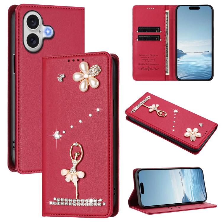 Capa de Telemóvel em Pele Vegana com Diamantes e RFID com Estampa de Bailarina, Para iPhone 17e / 16e, Para iPhone 17 Pro Max, Para iPhone 17 Pro, Para iPhone 17, Para iPhone Air, Para iPhone 16 Pro Max