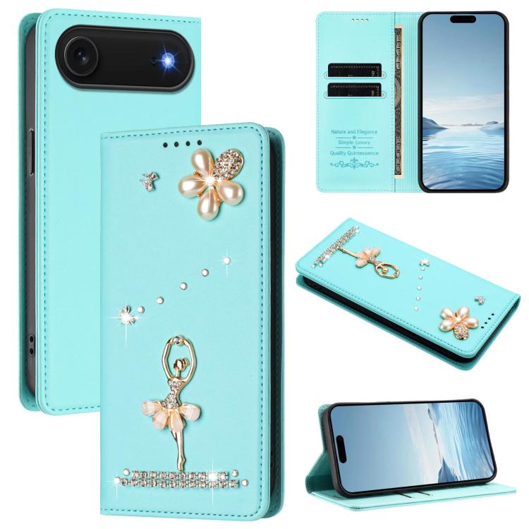 Capa de Telemóvel em Pele Vegana com Diamantes e RFID com Estampa de Bailarina, Para iPhone 17e / 16e, Para iPhone 17 Pro Max, Para iPhone 17 Pro, Para iPhone 17, Para iPhone Air, Para iPhone 16 Pro Max